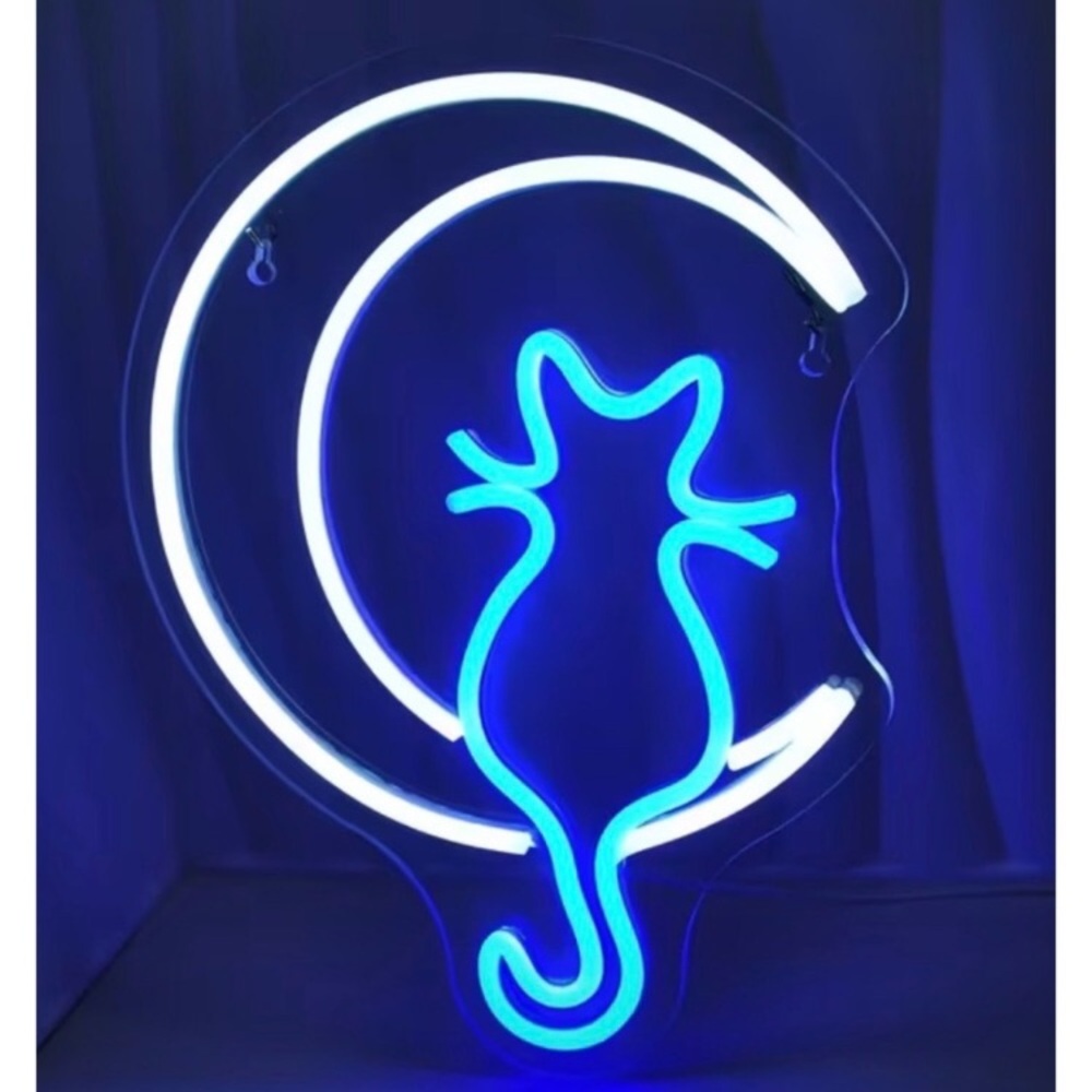 New Cat Moon Wall Blue Neon LED Sign Home Decor 13in new